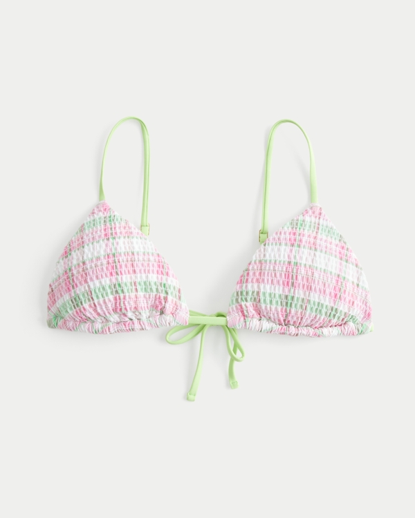 Smocked Over-the-Shoulder Triangle Bikini Top, Pink Plaid view 1
