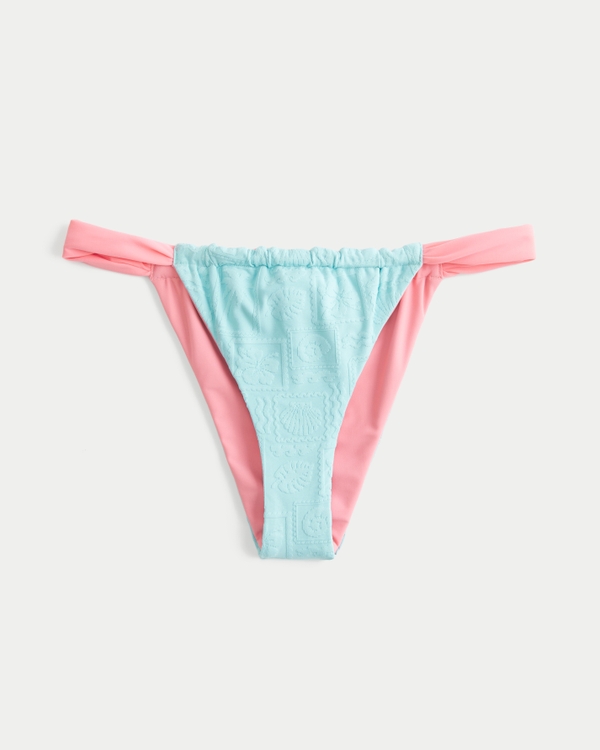 Reversible Jacquard Wide-Strap Cheeky Bikini Bottom, Turquoise-pink view 1