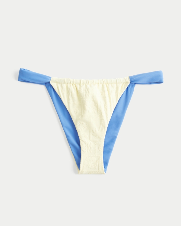 Reversible Jacquard Wide-Strap Cheeky Bikini Bottom, Yellow-blue view 1
