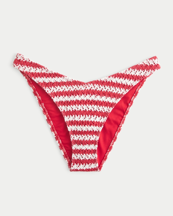 Crochet-Style High-Leg Cheeky Bikini Bottom, Red Stripe