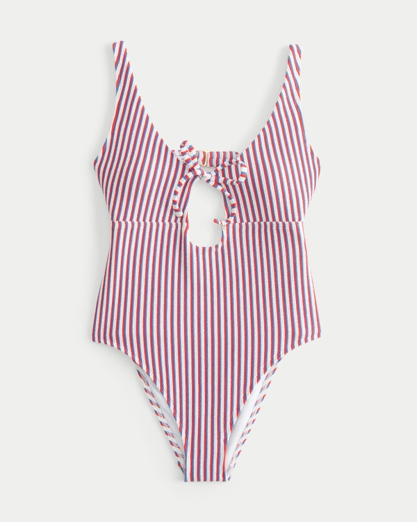 Scrunch-Ribbed One-Piece Swimsuit, Dark Red Stripe