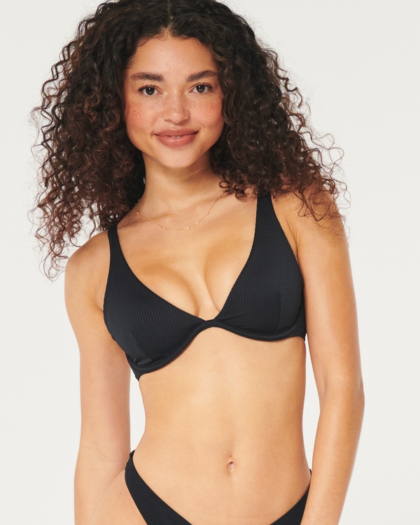 Hollister co-ord triangle tie front bikini top and bottoms in black spiral