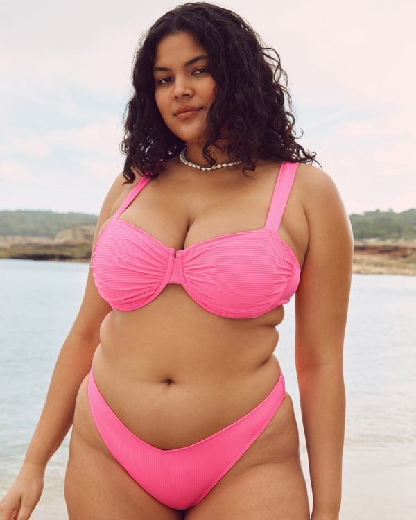 Ribbed V-Front High-Leg Cheekiest Bikini Bottom, Neon Pink