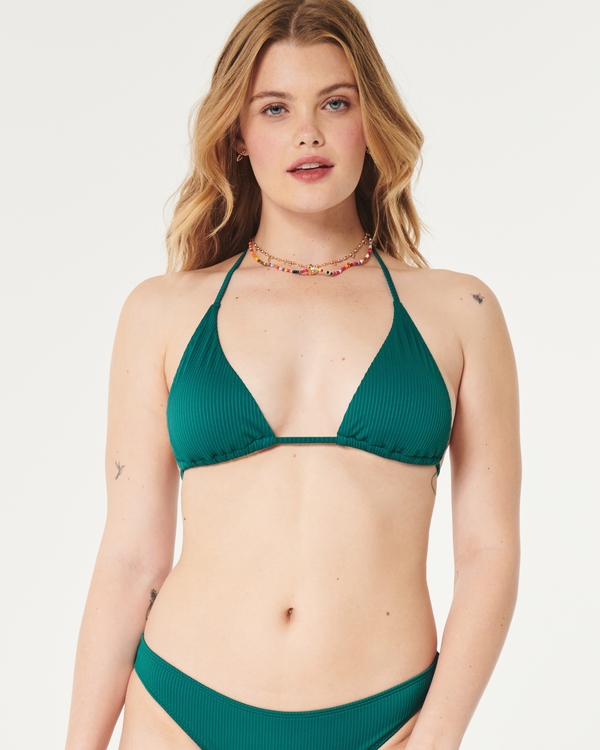 Ribbed Multi-Way Triangle Bikini Top, Dark Green