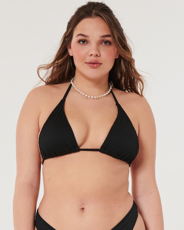 Ribbed Multi-Way Triangle Bikini Top, Black