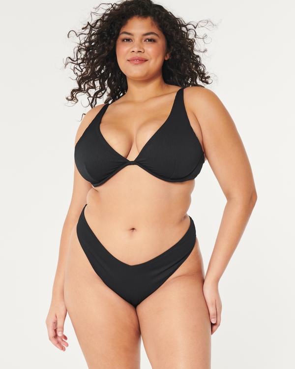 Ribbed V-Front High-Leg Cheeky Bikini Bottom, Black