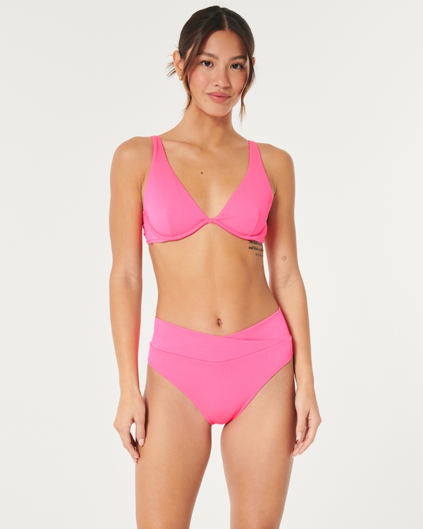 Ribbed High Crossover Waist Bikini Bottom, Neon Pink