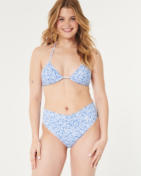 Bas de bikini côtelé à taille haute croisée, Light Blue Floral