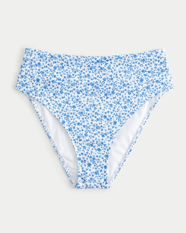 Ribbed High Crossover Waist Bikini Bottom, Light Blue Floral