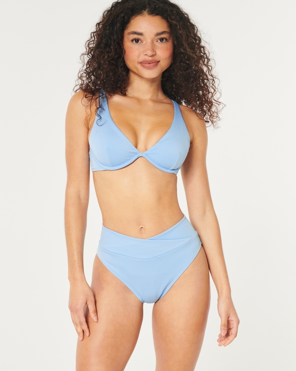 Slip bikini con vita alta a incrocio a coste, Light Blue