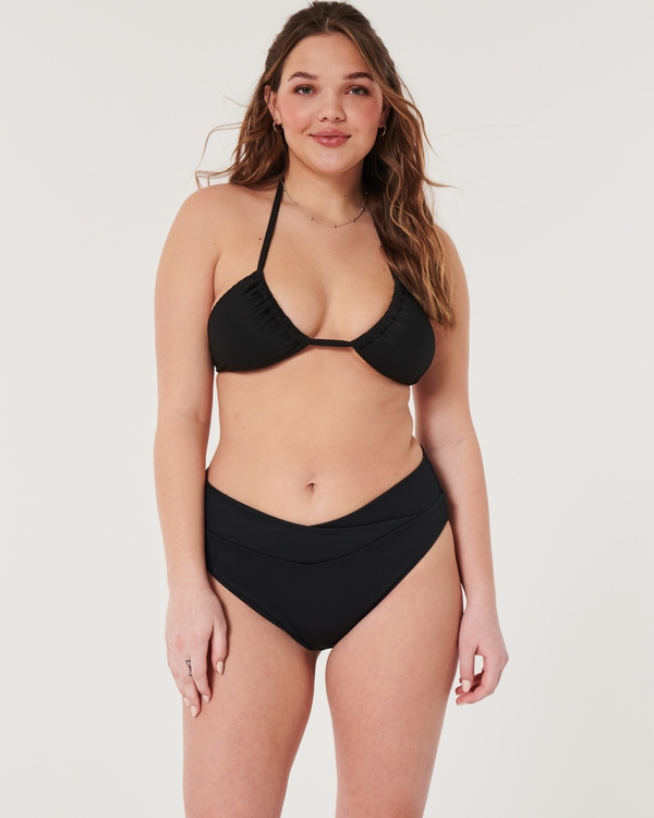 Ribbed High Crossover Waist Bikini Bottom, Black