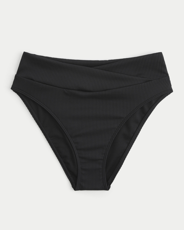Ribbed High Crossover Waist Bikini Bottom, Black