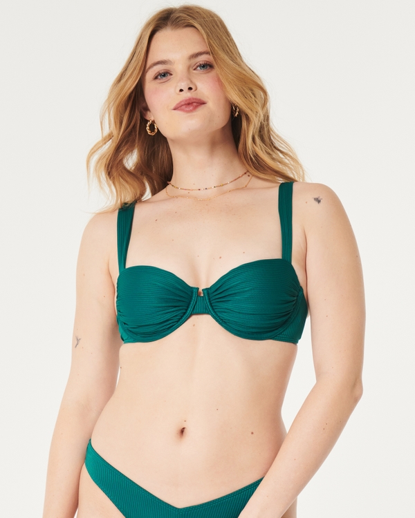 Top de bikini estilo balconette fruncido y acanalado, Dark Green