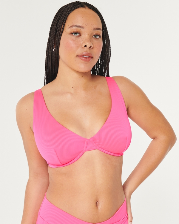 Top de bikini acanalado con aro interno con vértice alto y curvas, Neon Pink