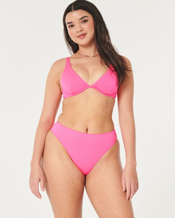 Curvy High-Leg High-Waist Ribbed Cheeky Bikini Bottom, Neon Pink