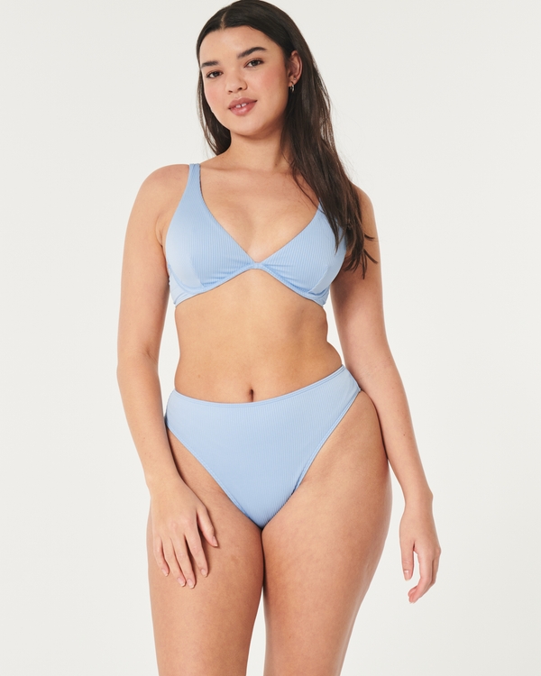 Curvy High-Leg High-Waist Ribbed Cheeky Bikini Bottom, Light Blue