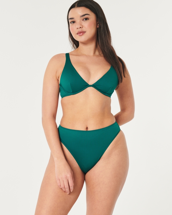 Curvy High-Leg High-Waist Ribbed Cheeky Bikini Bottom, Teal