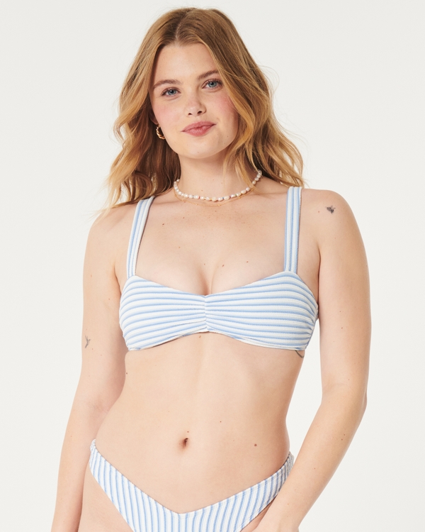 Top bikini effetto crespo a coste con scollo rotondo, Blue Stripe