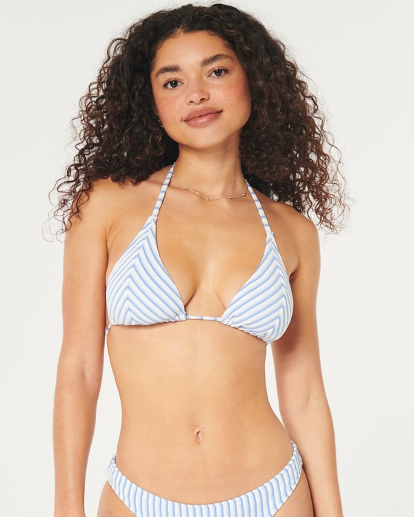 Scrunch-Ribbed Multi-Way Triangle Bikini Top, Blue Stripe