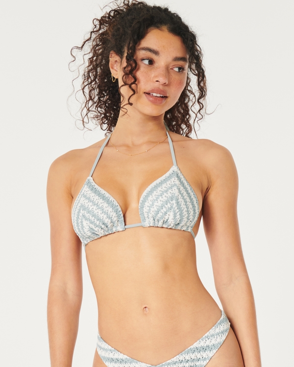 Crochet-Style Triangle Bikini Top, Blue Grey Stripe