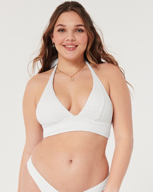 Crochet-Style Longline Triangle Bikini Top, White