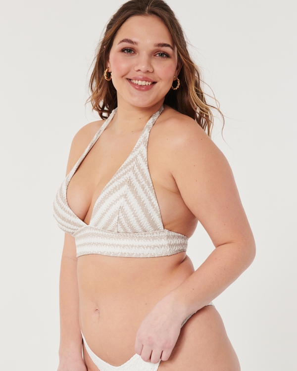 Crochet-Style Longline Triangle Bikini Top, White Stripe