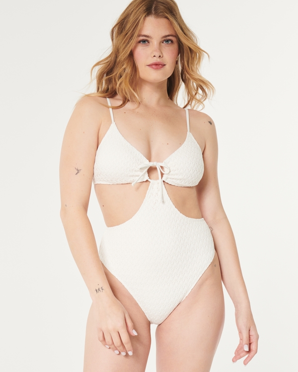 Crochet-Style One-Piece Cheeky Swimsuit, White