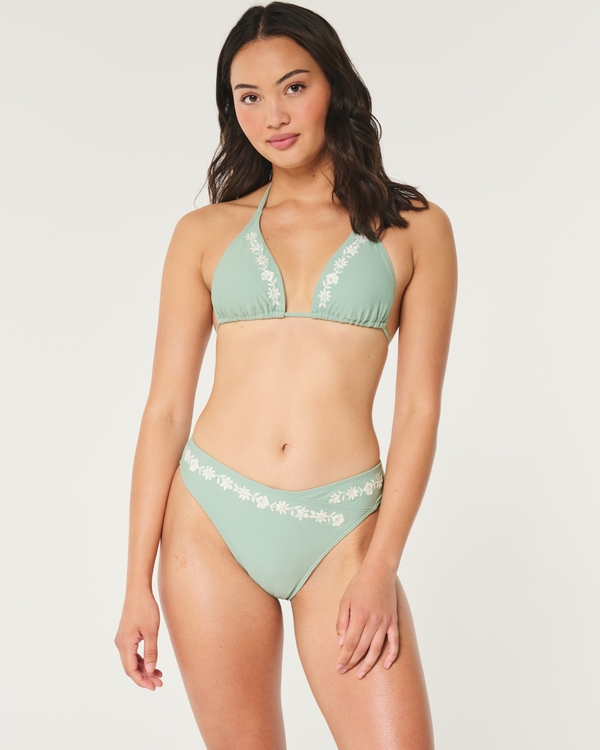 Curvy Embroidered High-Leg High-Waist Cheeky Bikini Bottom, Light Green view 1