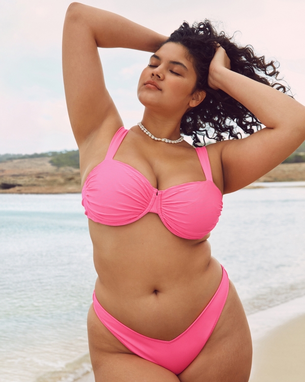 Haut de bikini à balconnet ruché et côtelé, Neon Pink