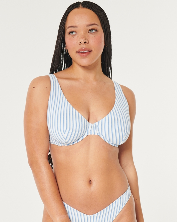 Curvy High Apex Scrunch-Ribbed Underwire Bikini Top, Light Blue Stripe