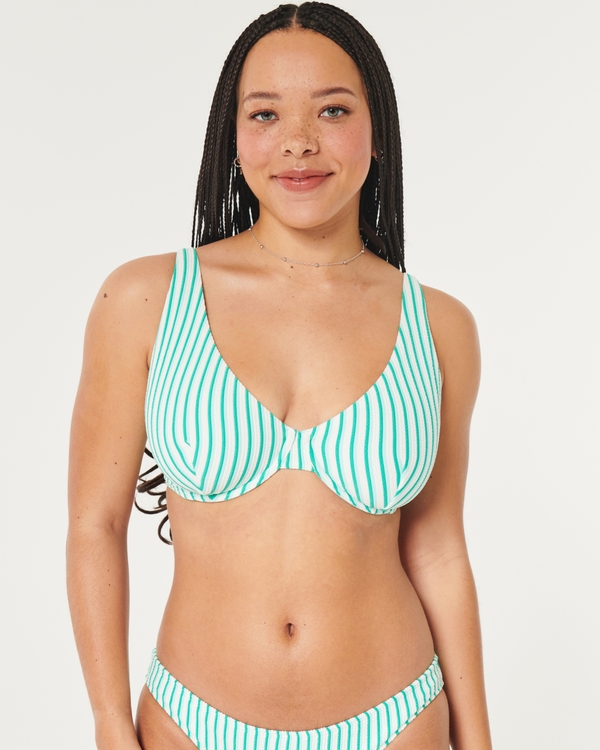 Curvy High Apex Scrunch-Ribbed Underwire Bikini Top, Green Stripe