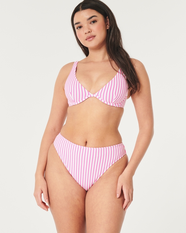 Curvy High-Leg High-Waist Scrunch-Ribbed Cheeky Bikini Bottom, Pink Stripe