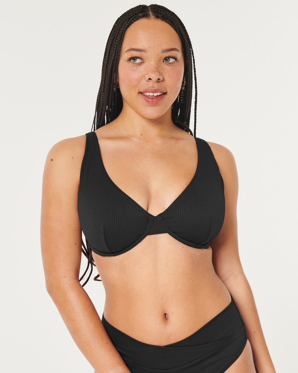 Top de bikini acanalado con aro interno con vértice alto y curvas, Black