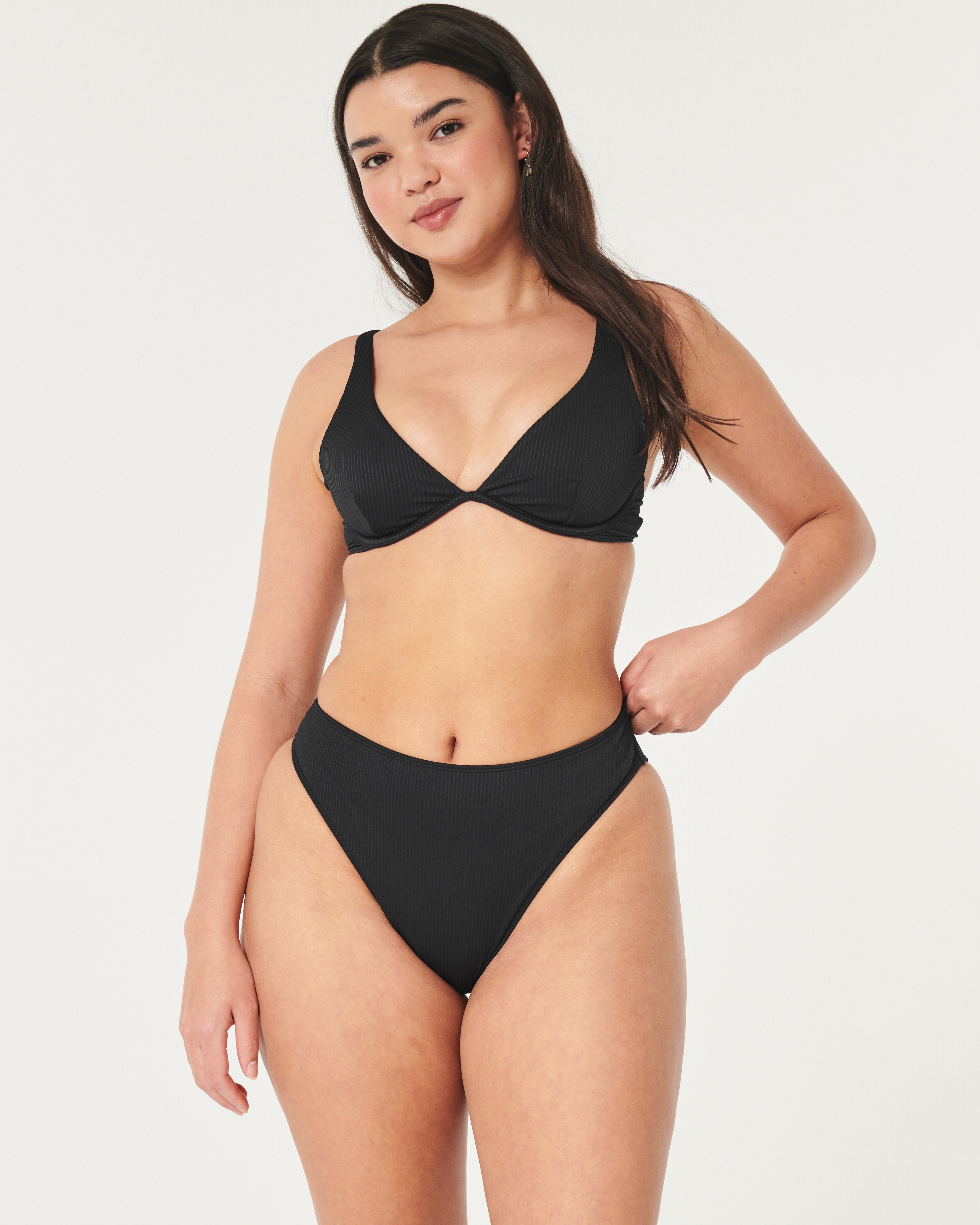 Women s Curvy High Leg High Waist Ribbed Cheeky Bikini Bottom in Black Size XS from Hollister