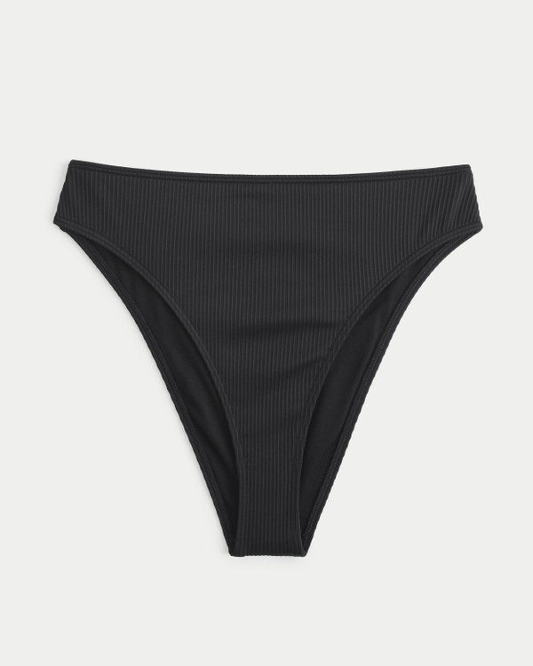 Curvy High-Leg High-Waist Ribbed Cheeky Bikini Bottom, Black
