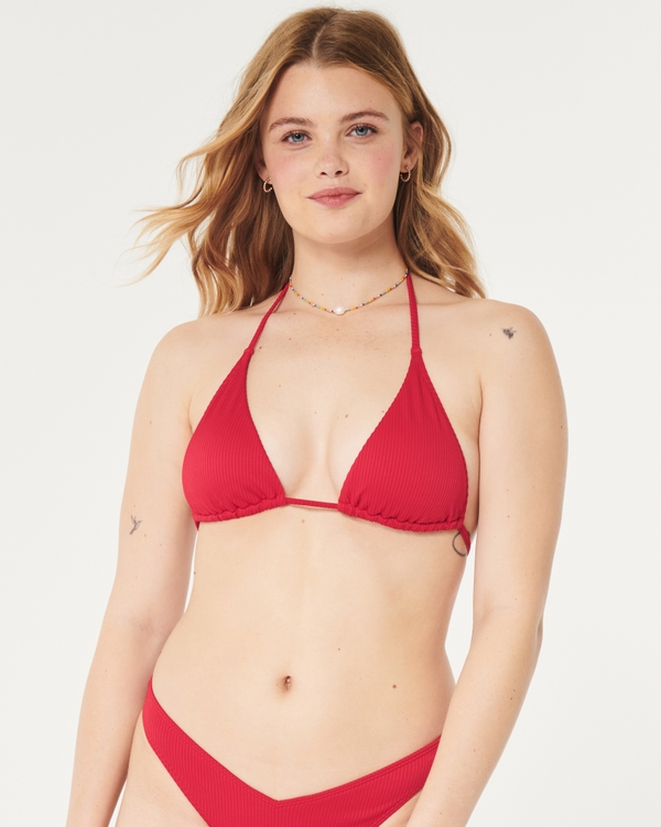Ribbed Multi-Way Triangle Bikini Top, Red