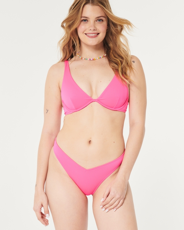 Ribbed V-Front High-Leg Cheeky Bikini Bottom, Neon Pink