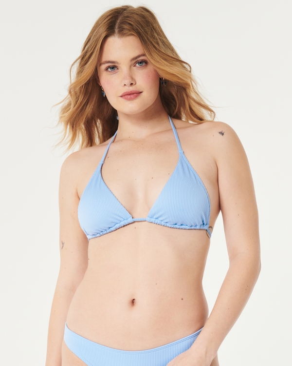 Top Bikini a Triangolo Multiposizione a Coste, Light Blue