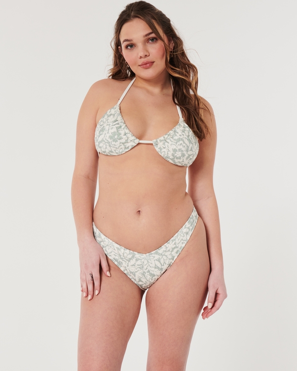 Crochet-Style High-Leg Cheeky Bikini Bottom, Green Floral