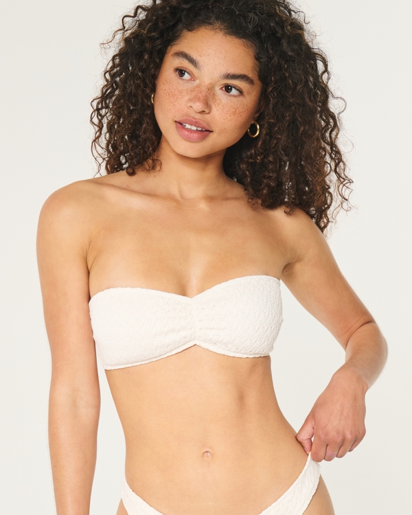 Crochet-Style Bandeau Bikini Top, White