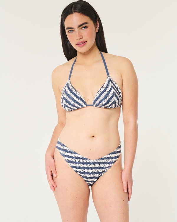 High-Leg Crochet-Style Cheeky Bikini Bottom, Blue Stripe