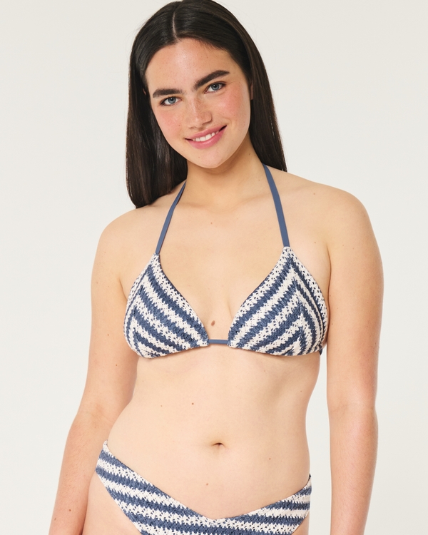 Crochet-Style String Triangle Bikini Top, Blue Stripe