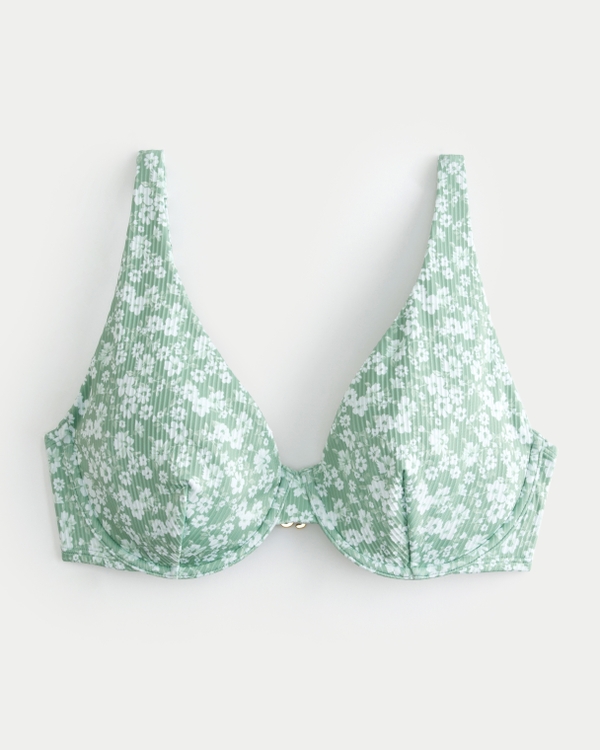 Top de bikini acanalado con aro interno con vértice alto y curvas, Green Floral