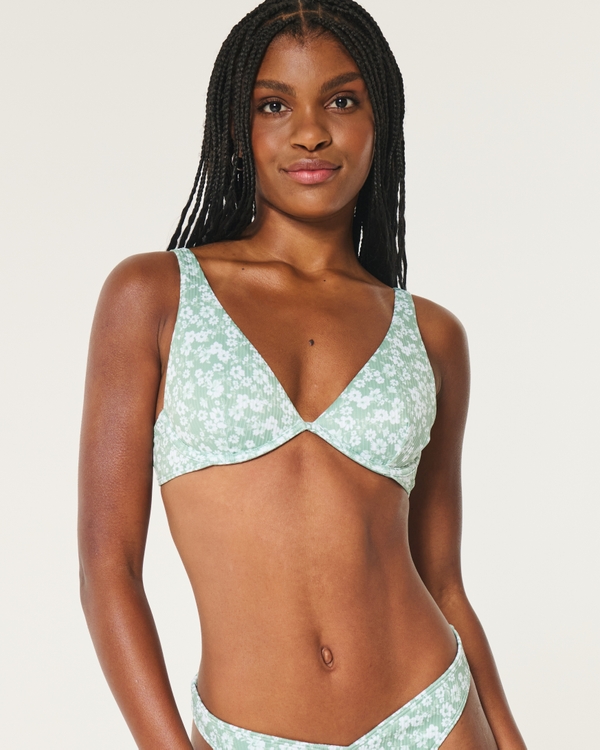 Top de bikini de canalé con aros y copa alta, Green Floral