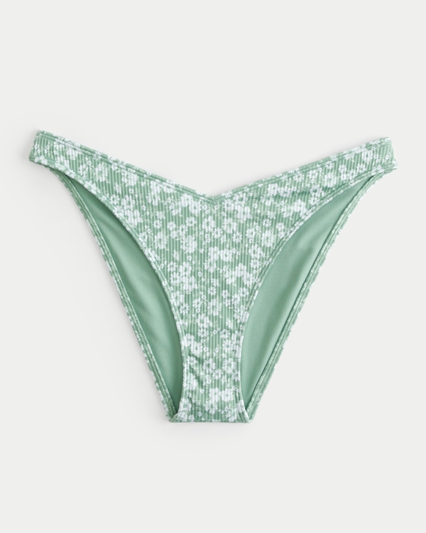 Ribbed High-Leg V-Waist Cheeky Bikini Bottom, Green Floral
