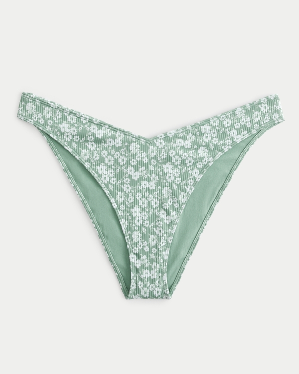 Ribbed High-Leg V-Waist Cheeky Bikini Bottom, Light Green Floral