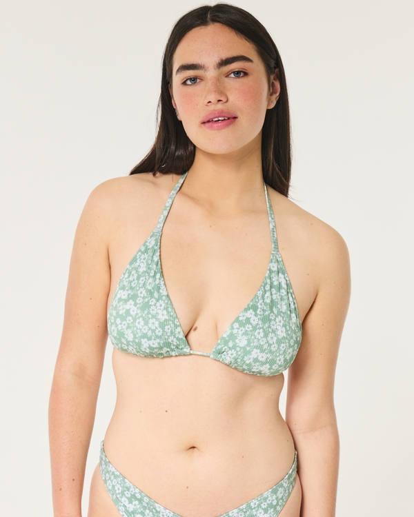 Ribbed Multi-Way Triangle Bikini Top, Green Floral