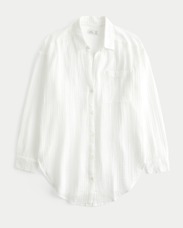 Button-Up Gauze Shirt Dress, White