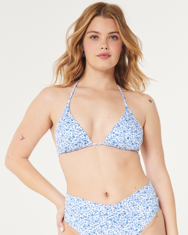 Ribbed Multi-Way Triangle Bikini Top, Light Blue Floral