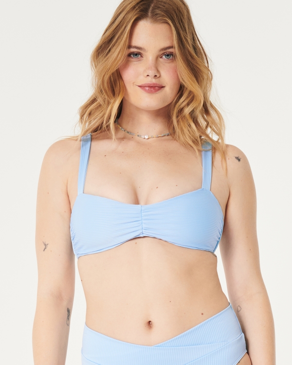 Haut de bikini échancré côtelé cintré, Light Blue